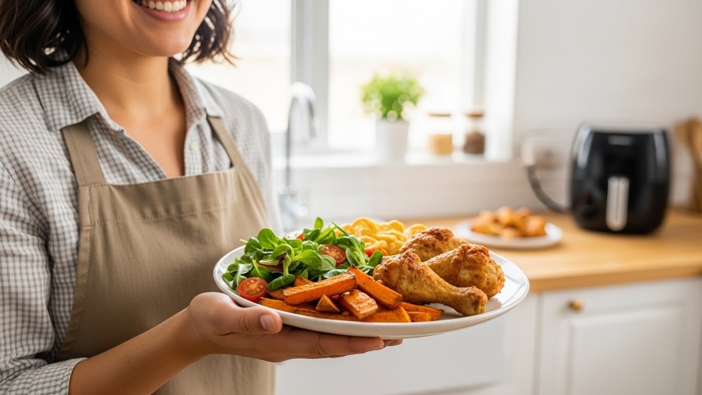 Prato com frango, batata-doce e salada, com uma Air Fryer ao fundo