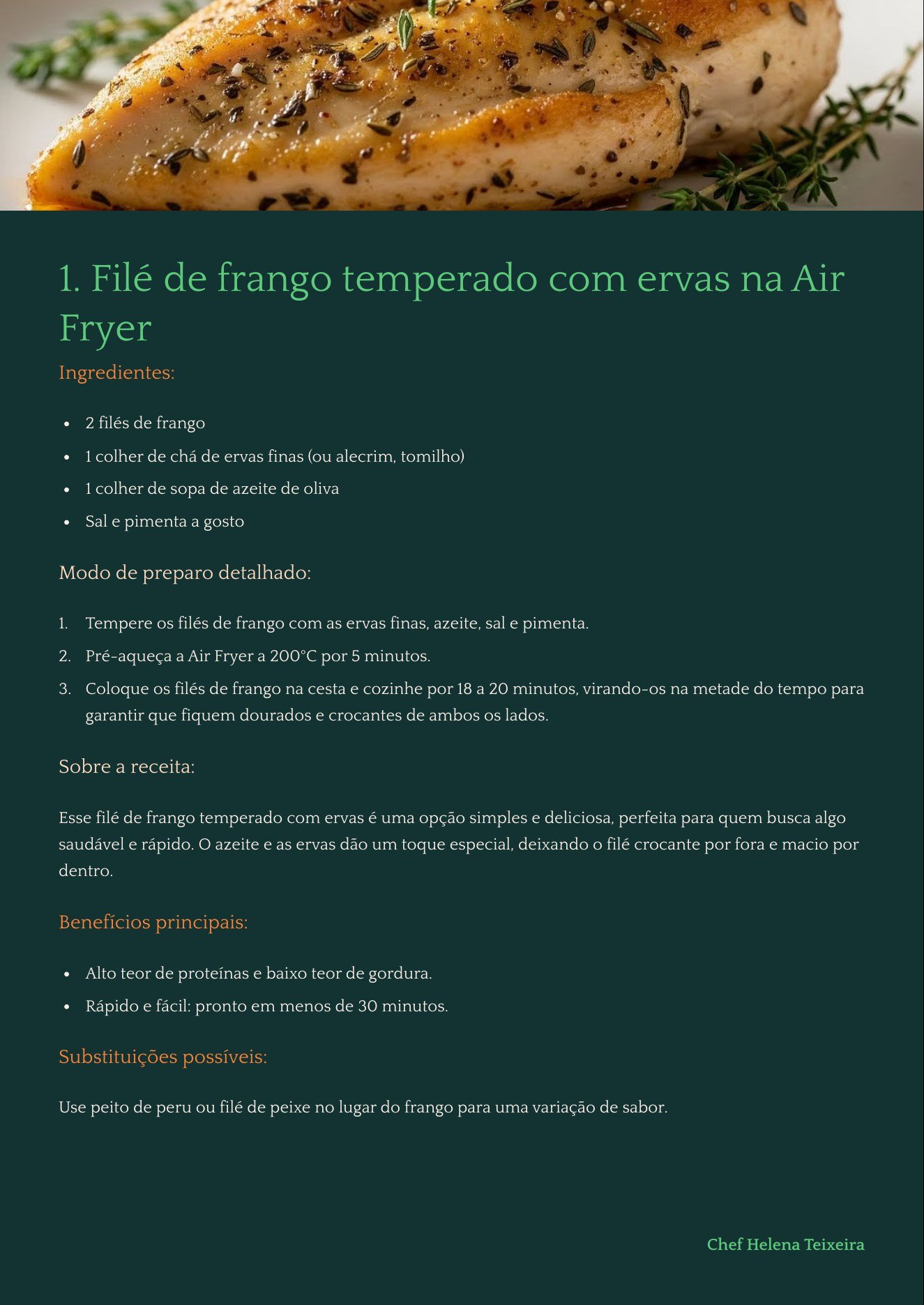 Página real da receita de filé de frango com ervas