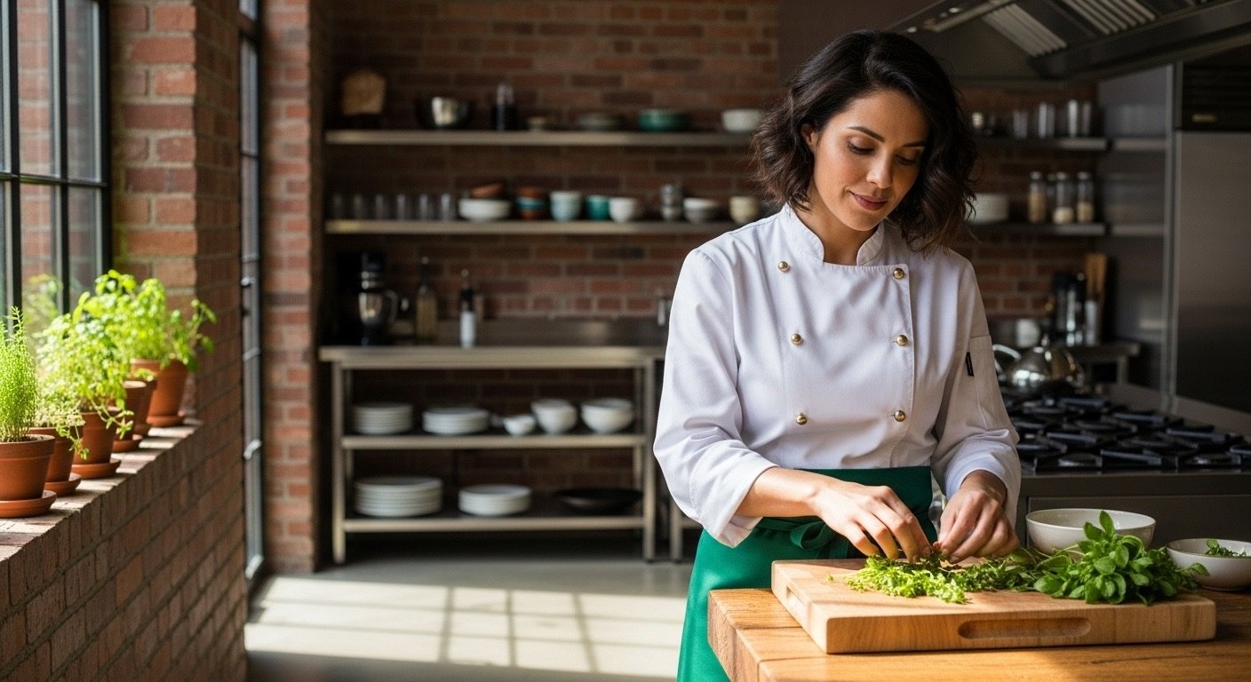 Helena Teixeira preparando alimentos em uma cozinha