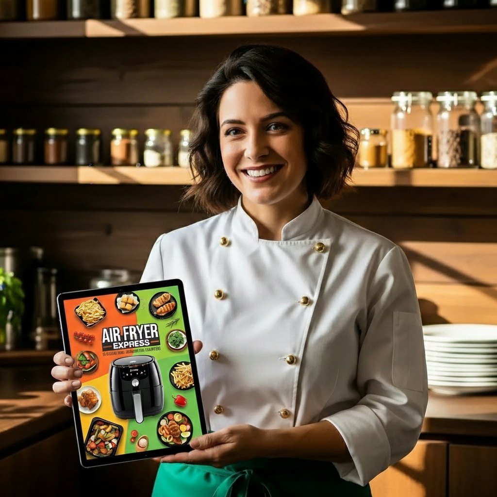 Helena mostrando no tablet a capa do Air Fryer Express